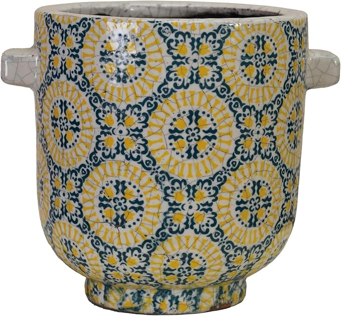 Creative Co-Op Terra-Cotta Footed Planter with Tile Pattern, Crackle Glaze, Yellow and Blue | Amazon (US)