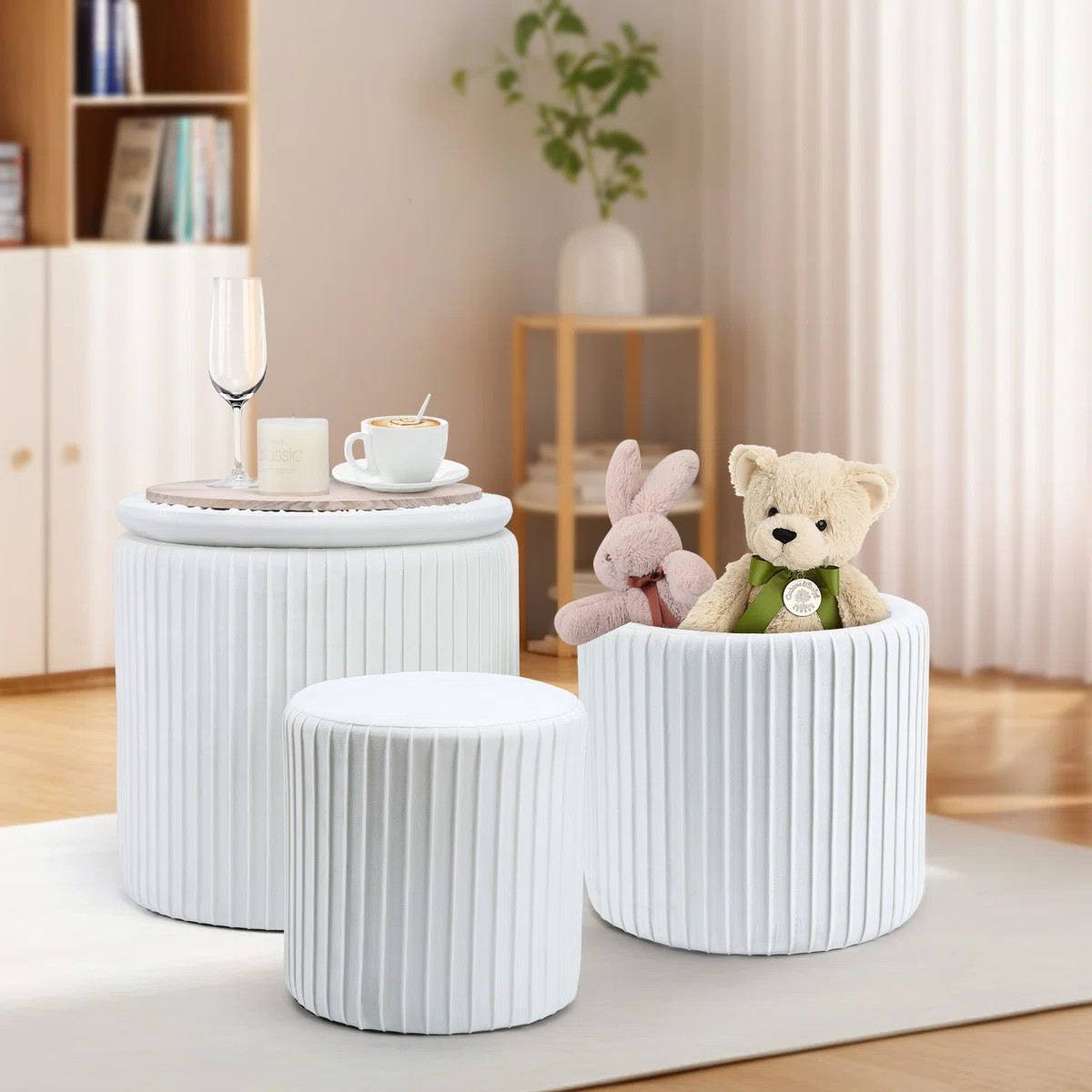 Ottoman With Storage, Velvet Round Storage Ottoman Set Of 3, Multifunctional Upholstered Vanity S... | Wayfair North America