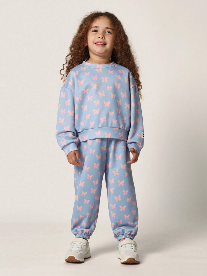 SUMWON Young Girls Comfy Regular Fit Butterfly Printed Crewneck Sweatshirt And Jogger 2 Piece Set | SHEIN