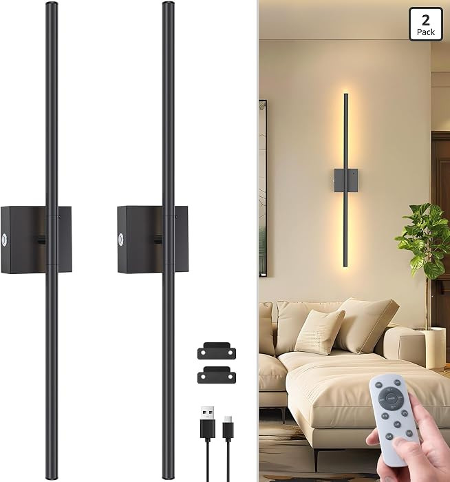 28 Inch Battery Operated Wall Sconce Set of 2, 360\u00b0 Rotation Black Rechargeable Wall Lights ... | Amazon (US)