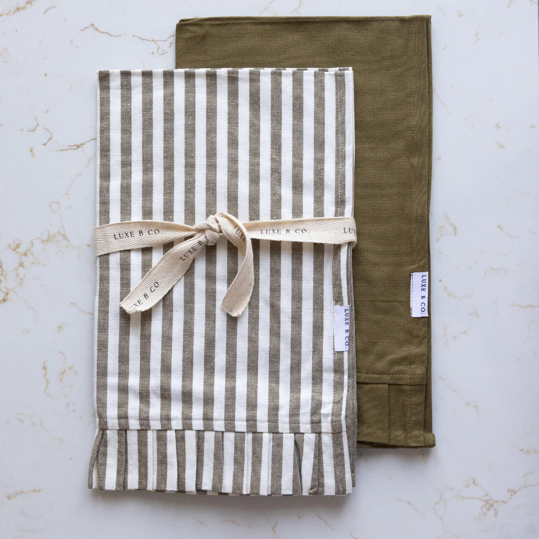 Olive Green & White Stripes Ruffle Kitchen Dish Towel | By Luxe B Co. | luxe bCO