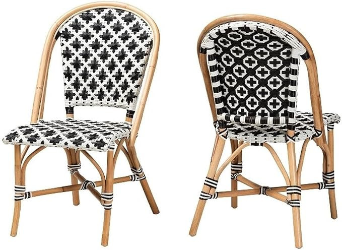 Pemberly Row French Bistro Dining Chair Set, Natural Rattan Frame, Black and White Synthetic Weav... | Amazon (US)