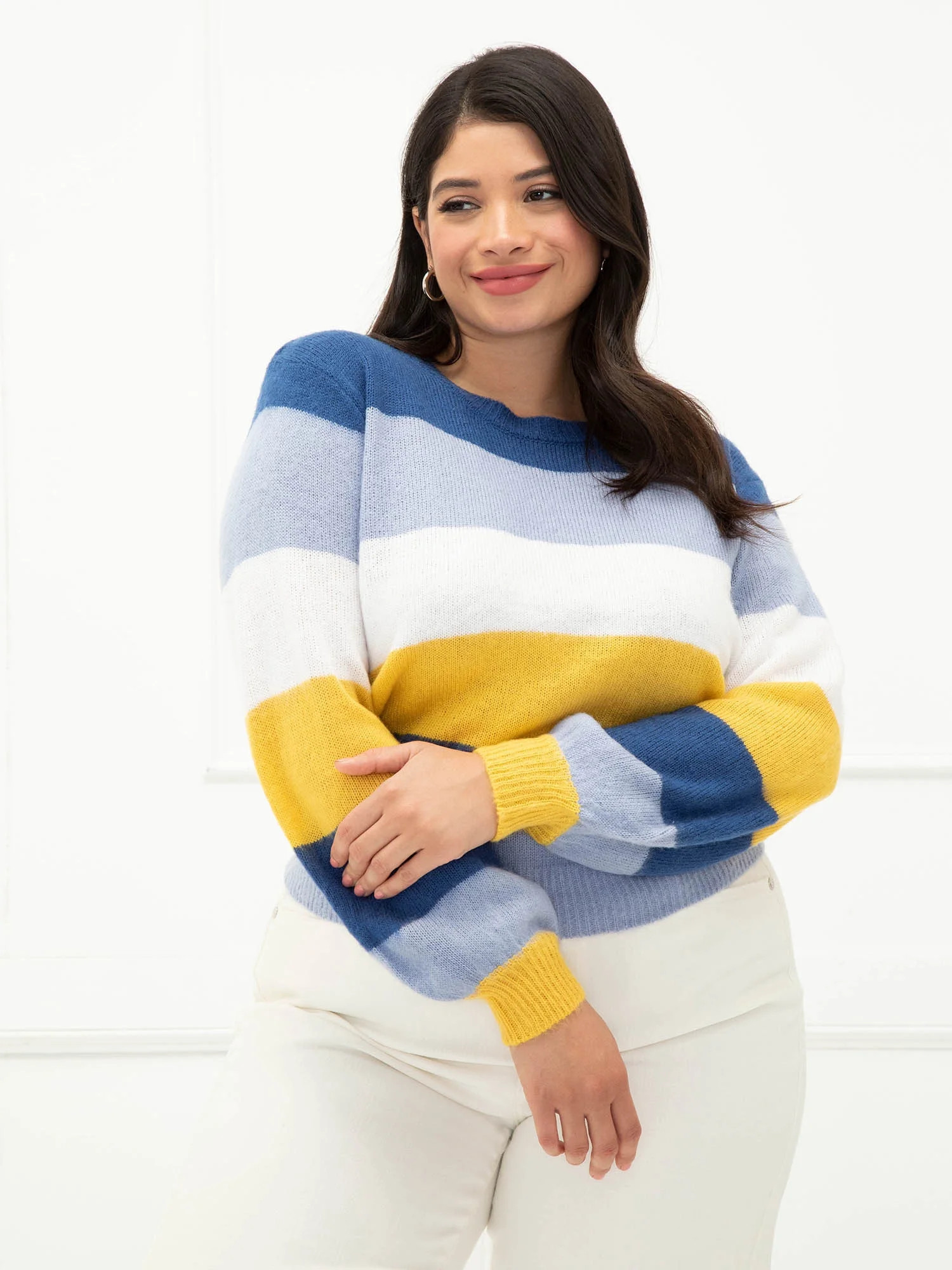 ELOQUII Elements Women's Plus Size Striped Sweater with Balloon Sleeves - Walmart.com | Walmart (US)