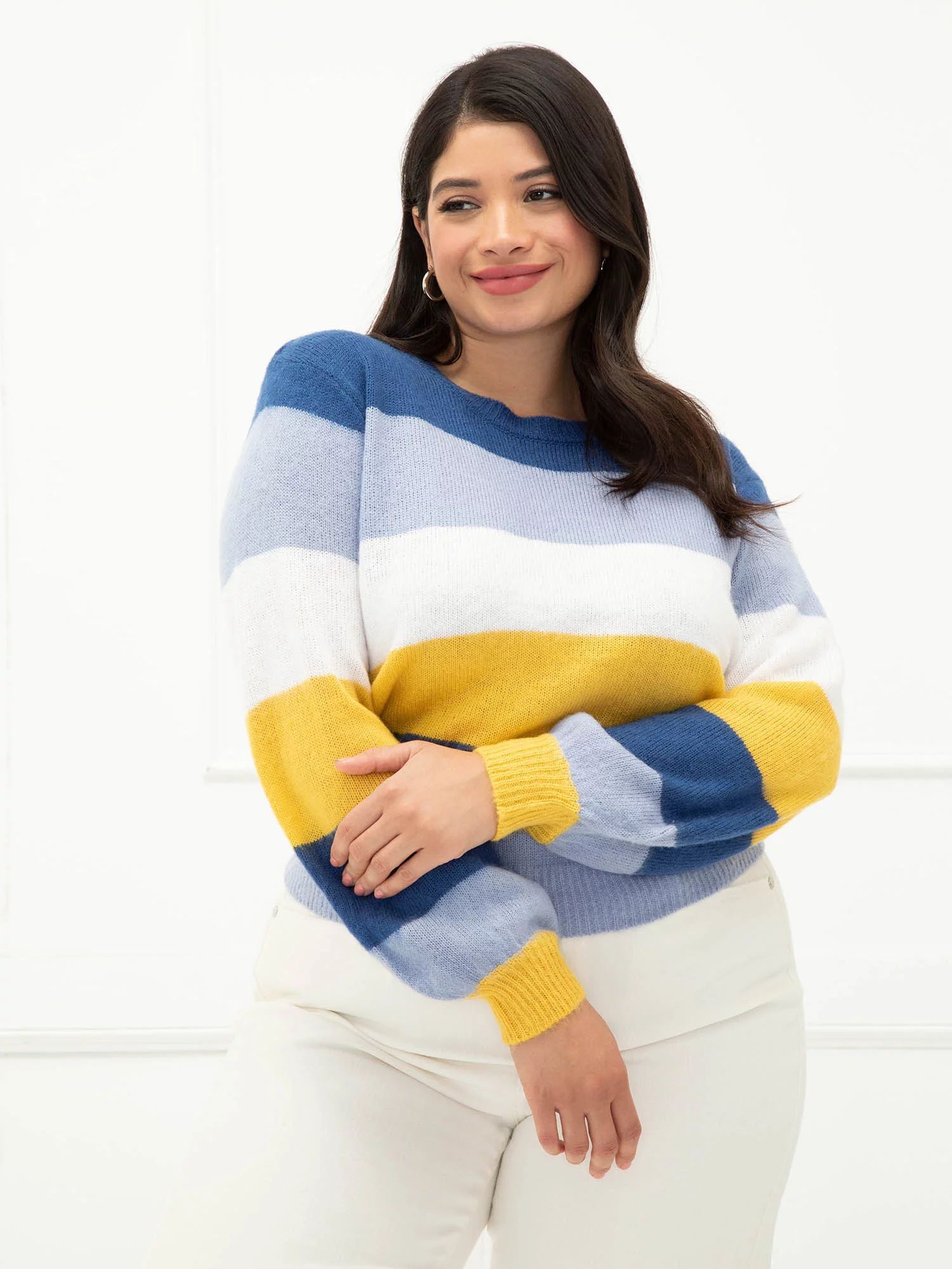 ELOQUII Elements Women's Plus Size Striped Balloon Sleeve Sweater - Walmart.com | Walmart (US)