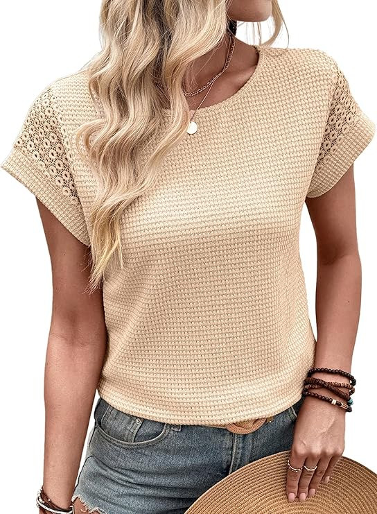 Dokotoo Womens Summer Tops 2026 Waffle Knit Lace Hollow Out Short Sleeve T-Shirts Crewneck Casual... | Amazon (US)