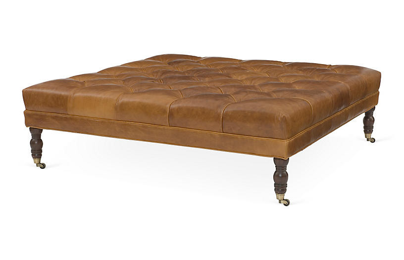 Evo Tufted Cocktail Ottoman, Caramel Leather | One Kings Lane