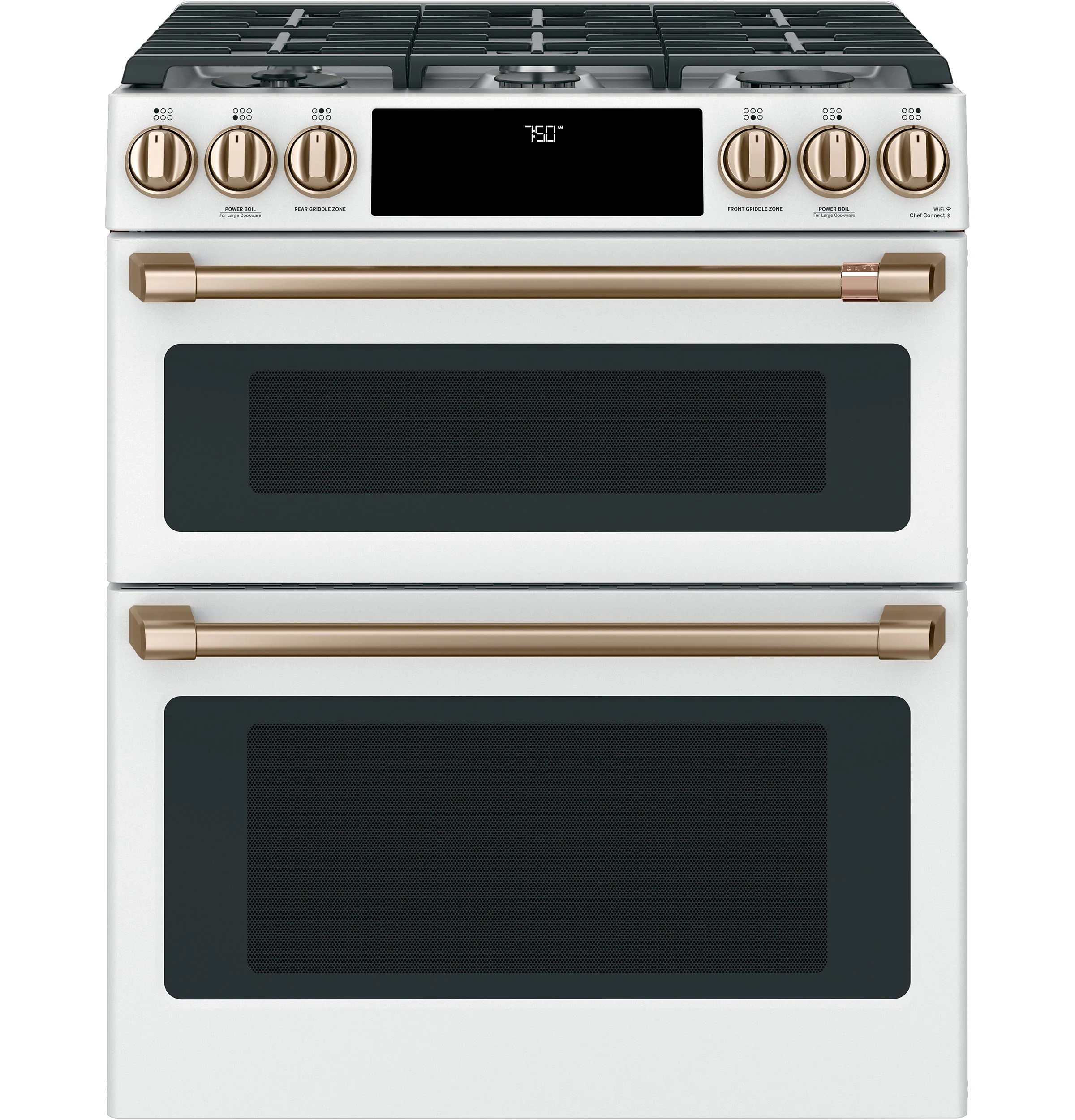 Cafe 30-in 6 burners 4.3-cu ft / 2.4-cu ft Air Fry Convection Oven Slide-In Double Oven Gas Range ( Matte White with Brushed Bronze Handles ) | Lowe's