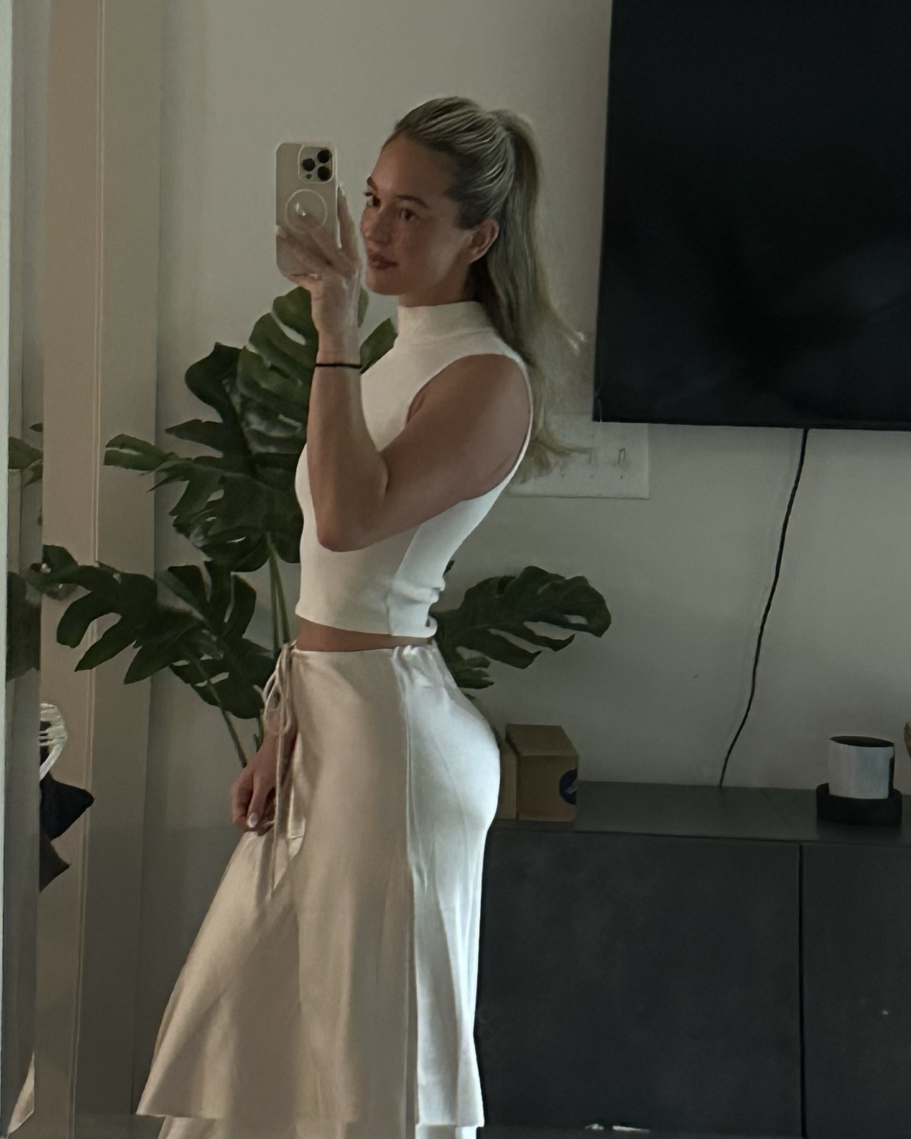 Champagne silk skirt & plain mock turtle top 