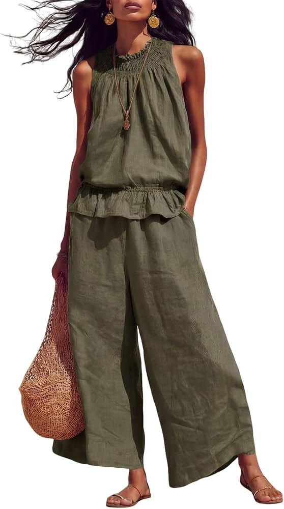 Womens 2 Pieces Sets Ruffle Tank Top Wide Leg Pants | Amazon (US)