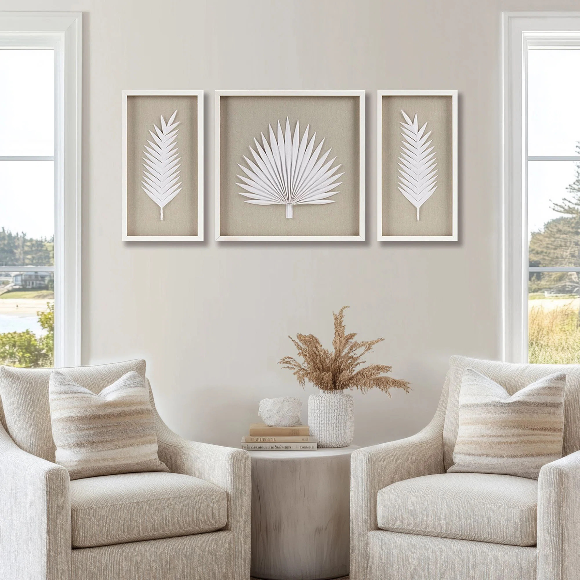 Sabal 3-Piece Framed Shadowbox Wall Art with Handmade Rice Paper Palm Leaves | Wayfair North America