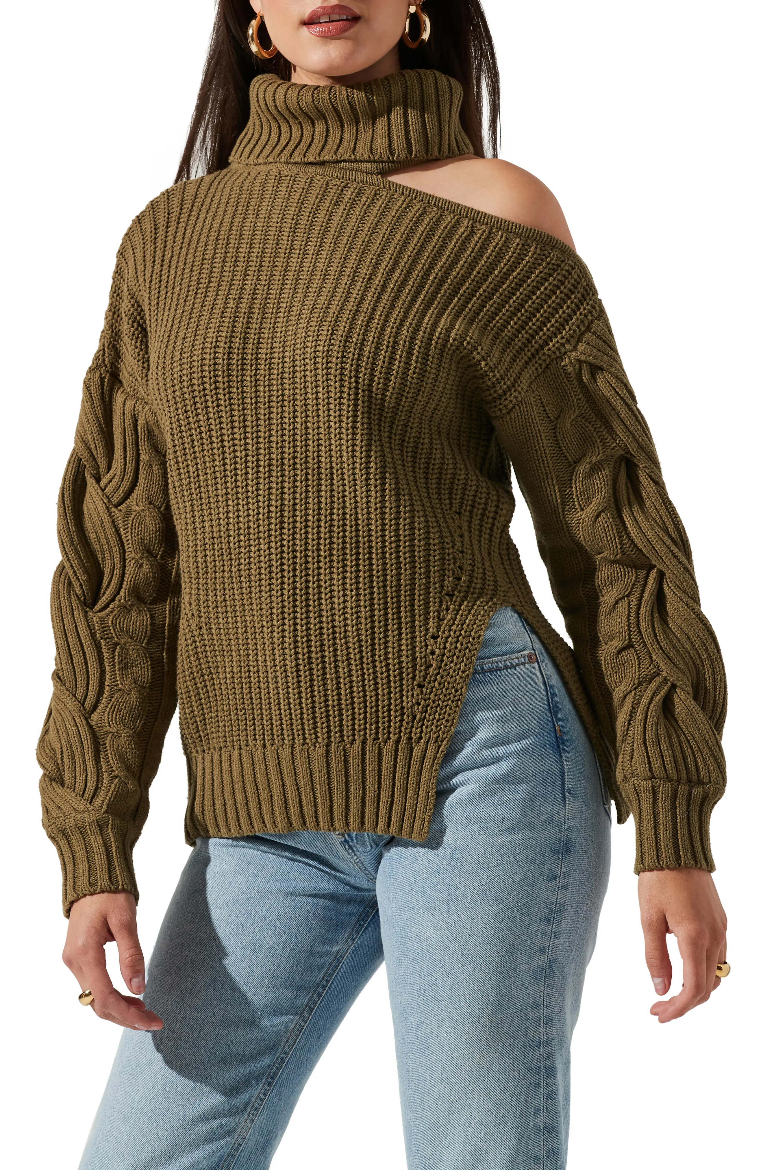 ASTR the Label Sequoia Cutout Turtleneck Cotton Blend Sweater, Size Medium in Olive at Nordstrom | Nordstrom