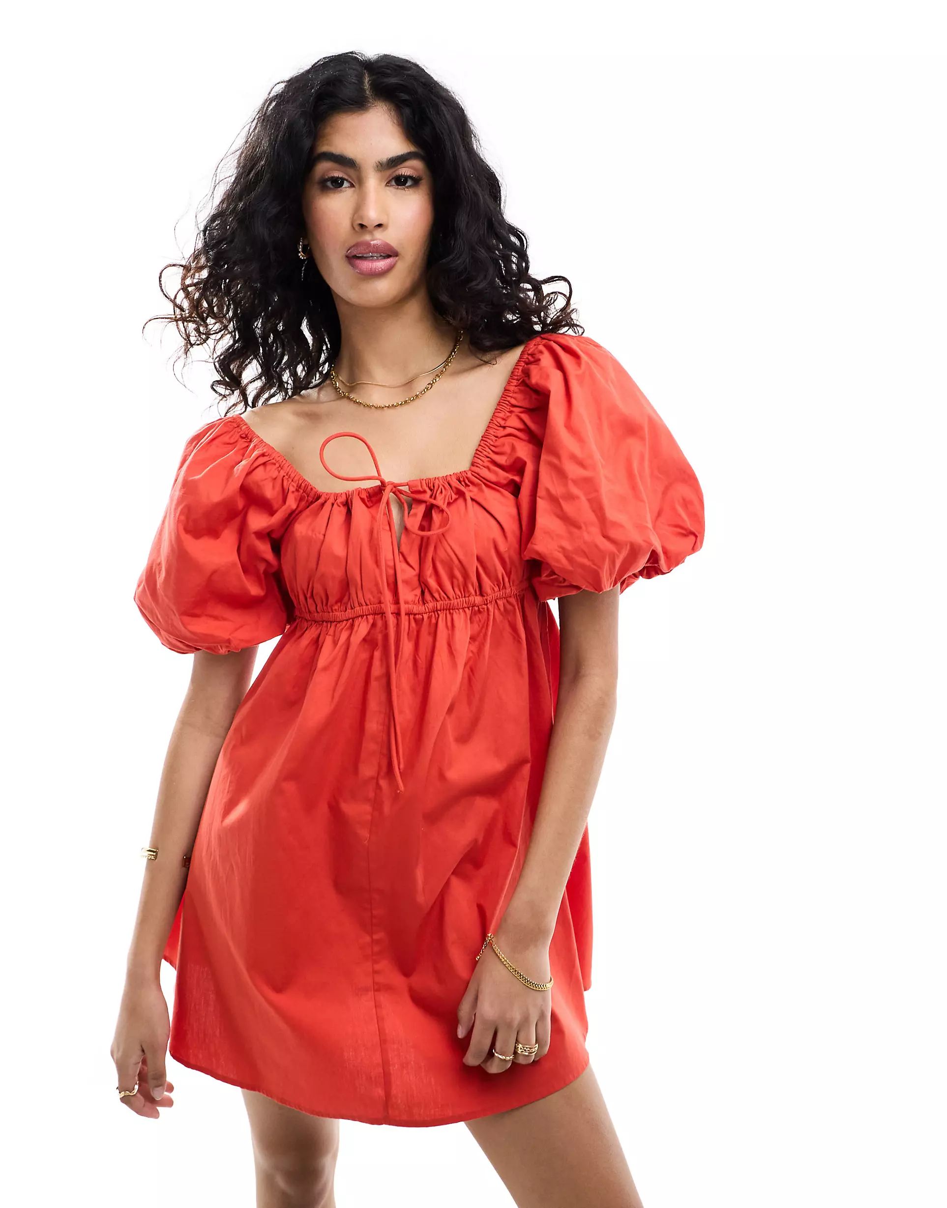 ASOS DESIGN - Aangerimpelde mini jurk met pofmouwen in rood | ASOS | ASOS (Global)