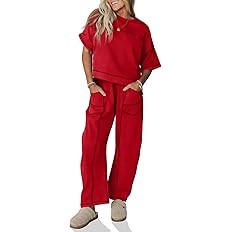 Fisoew Womens 2 Piece Outfits Lounge Sets Short Sleeve Tops and Wide Leg Pants Travel Vacation Ca... | Amazon (US)
