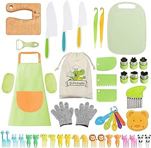 Suhctuptx 50PCS Kids Kitchen Cooking Set - Crocodile Wooden Kid Safe Knife Cutting Board Apron Gl... | Amazon (US)