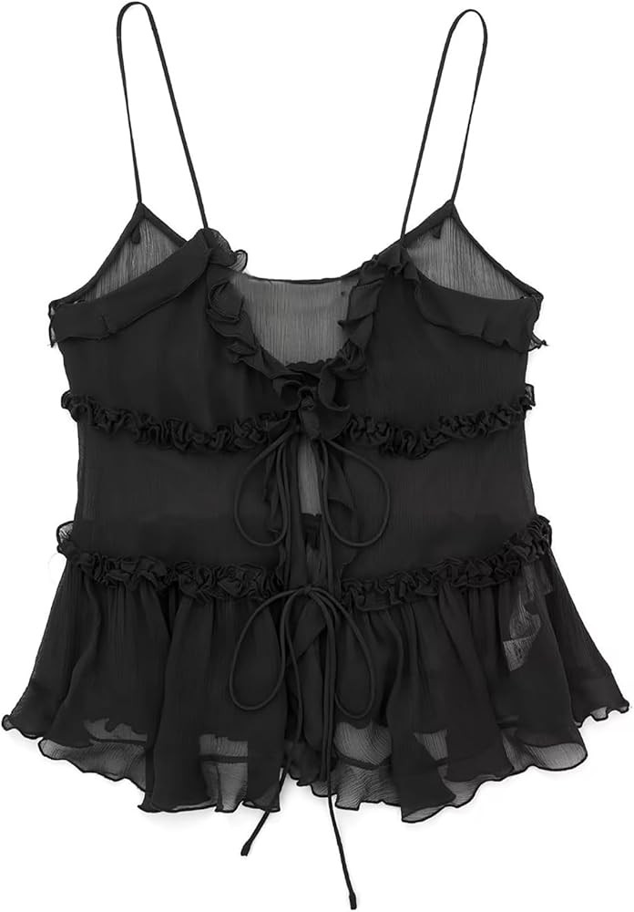 Women Tie Front Spaghetti Strap Tops Ruffle Sexy See Through Cami Tops Chiffon Blouse Casual Summ... | Amazon (US)