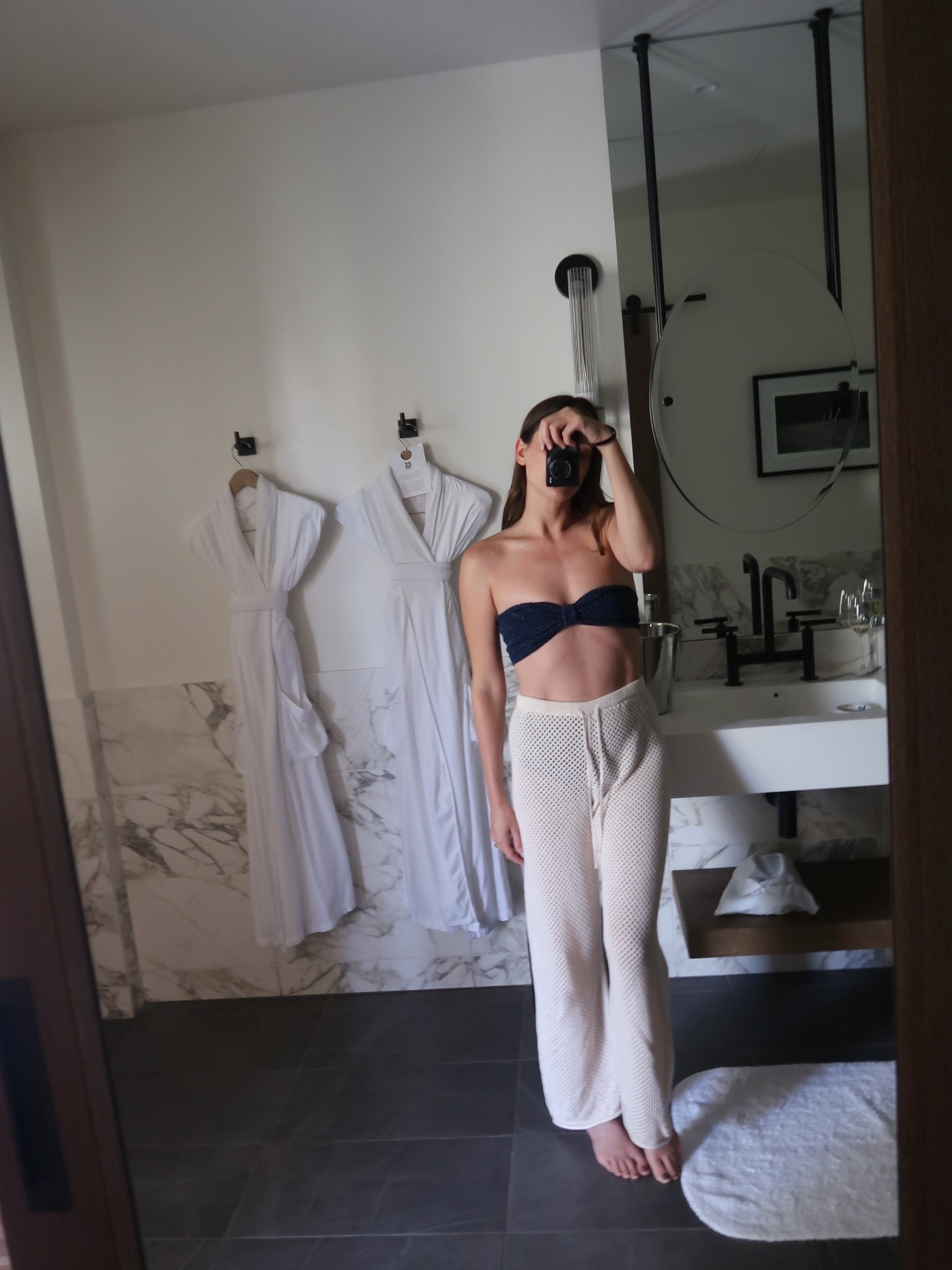 Crochet beach pants and my favorite swimsuit brand - love this navy bandeau style

#LTKSwim #LTKgrwm #LTKootd