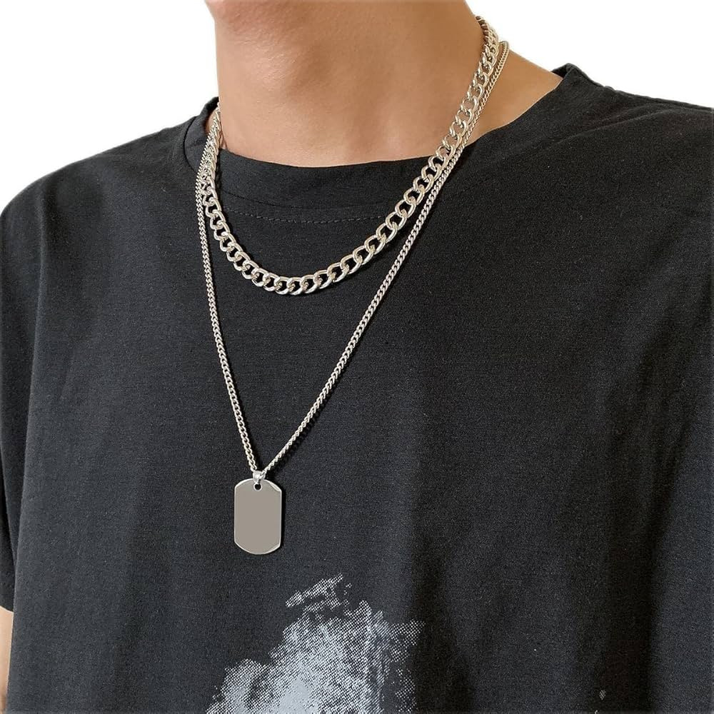 YERTTER Men Punk Set of 2 Stainless Steel Chunky Chain Choker Silver Flat Chain Thick Dog Tag Pen... | Amazon (US)