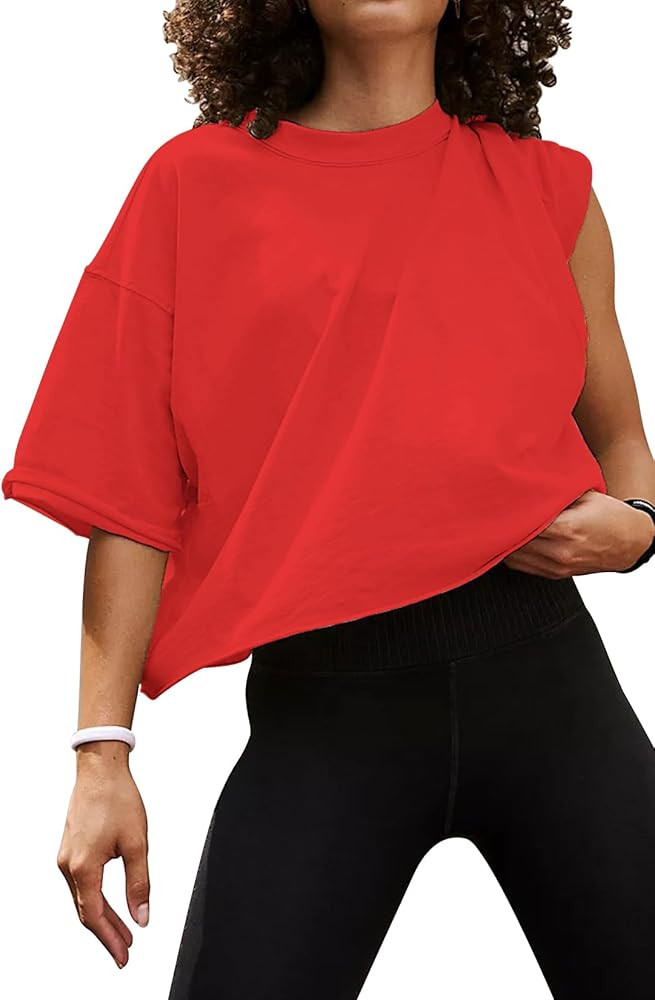 Women's Oversize Workout Crop Tops Casual Short Sleeve Drop Shoulder Boxy T-Shirts Roll Hem Basic... | Amazon (US)
