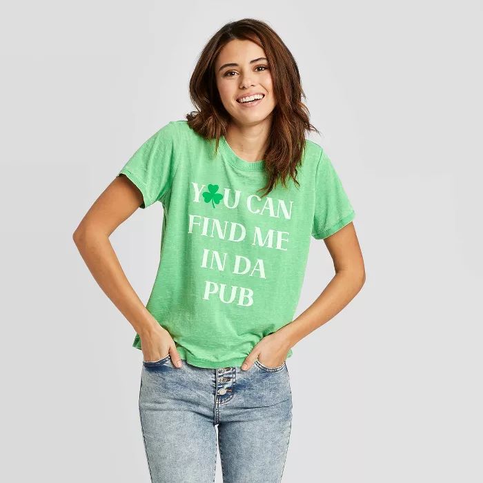 Women's St. Patrick's Day You Can Find Me in The Pub Short Sleeve T-Shirt - Doe (Juniors') - Gree... | Target