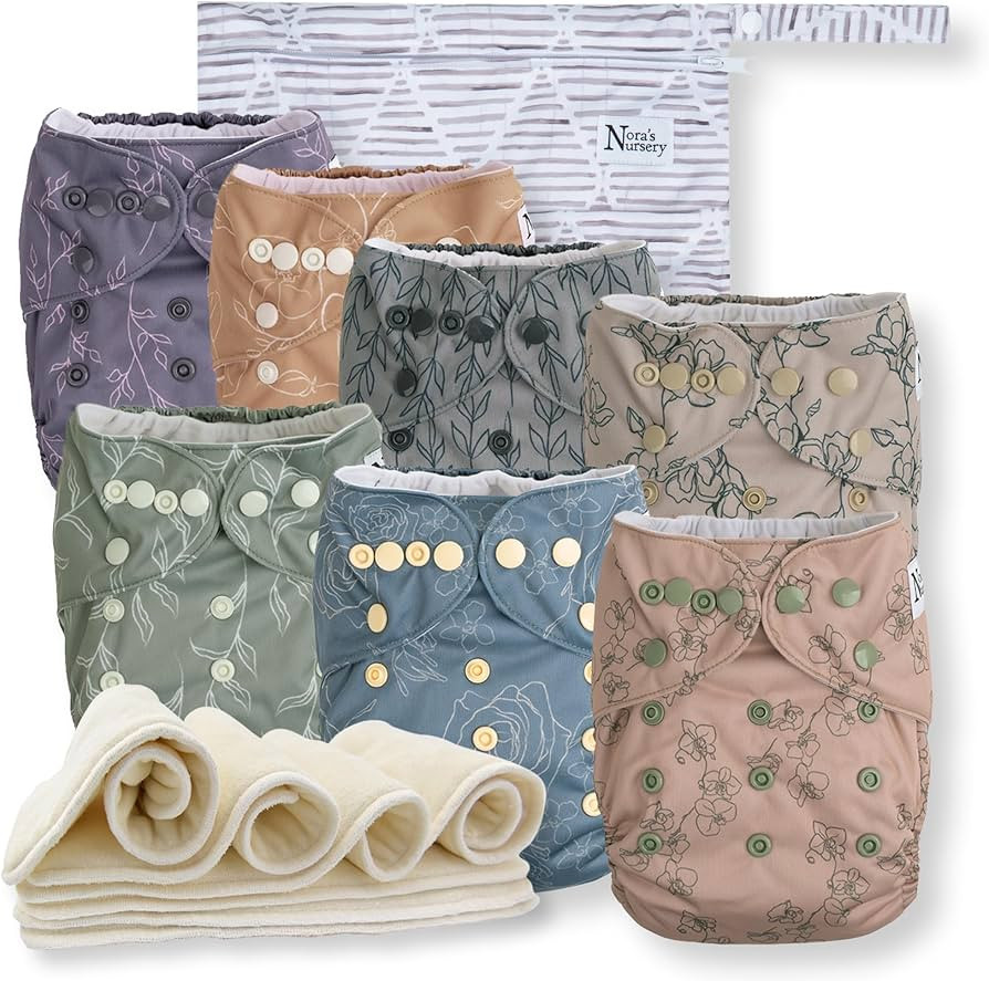 Nora's Nursery Cloth Diapers 7 Pack with 7 Inserts & 1 Wet Bag - Waterproof Cover, Washable, Reus... | Amazon (US)