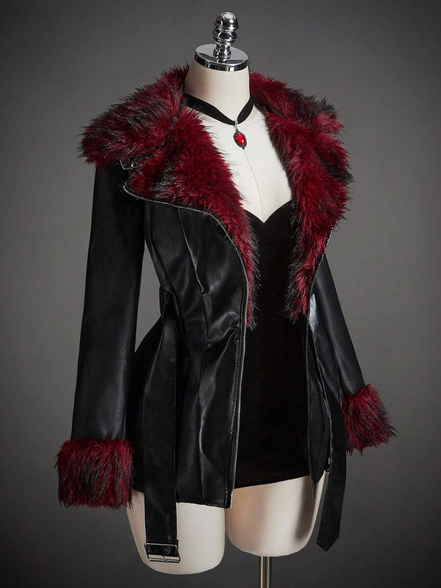 SHEIN ICON Women's Halloween Black Gothic Corset Party Contrast Color Fluffy Leather Party Fashio... | SHEIN