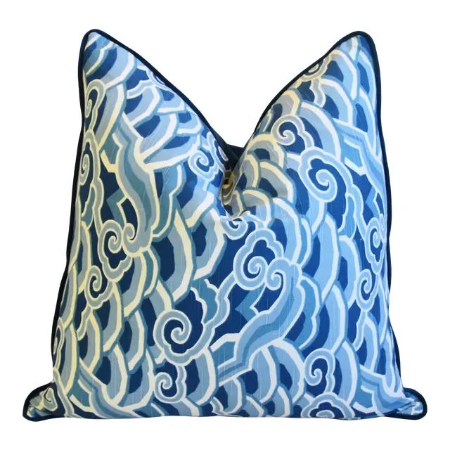 Kravet Blue & White Asian Modern Decowave Feather/Down Pillow 24" Square | Chairish