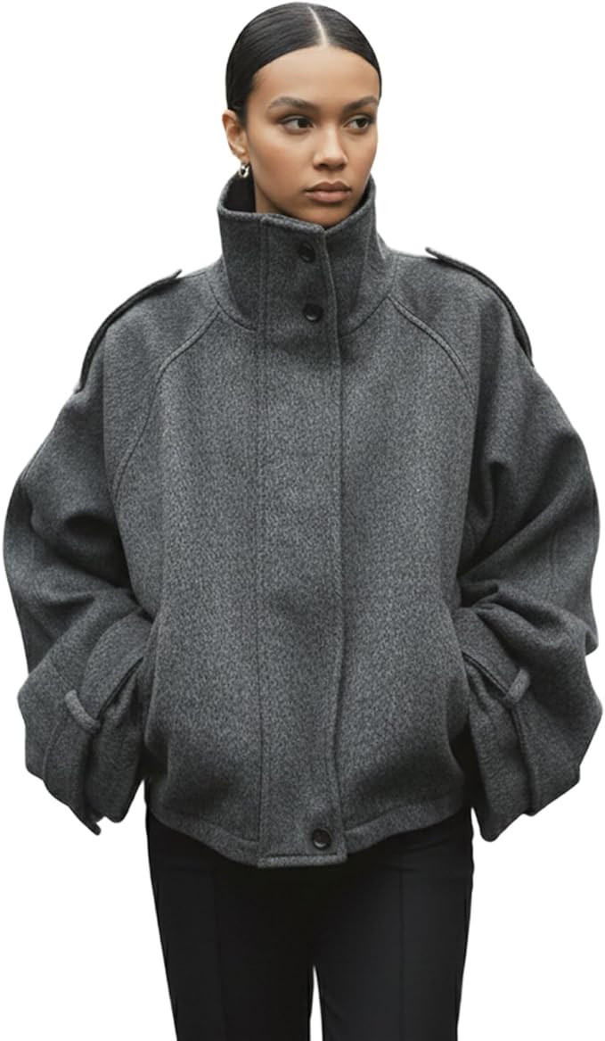 Women Cropped Trench Coat Zip Up Funnel Neck Short Jacket Oversized Wool Coats Fall Winter Casual... | Amazon (US)