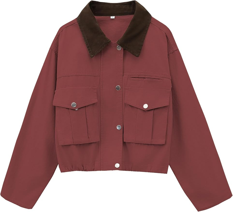 Womens Cropped Jacket Contrast Collar Utility Coat Cargo Jacket Barn Jacket Outwear with Pockets | Amazon (US)