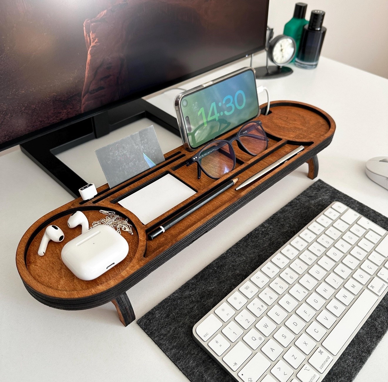 A thoughtful Valentine’s Day add-on for keeping his everyday essentials in one place. This wooden desk organizer doubles as a valet tray, holding his phone, earbuds, glasses, pen, and small items neatly and within reach. Functional, minimal, and a simple upgrade that adds polish to his workspace or nightstand.

#LTKValentine