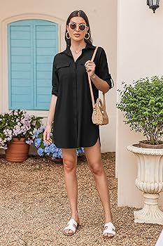 Hotouch Women's Button Down Shirt Dress with Side Pockets Long Sleeve Cotton Linen Swimsuit Cover... | Amazon (US)