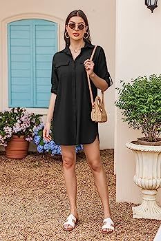 Hotouch Women's Button Down Shirt Dress with Side Pockets Long Sleeve Cotton Linen Swimsuit Cover... | Amazon (US)