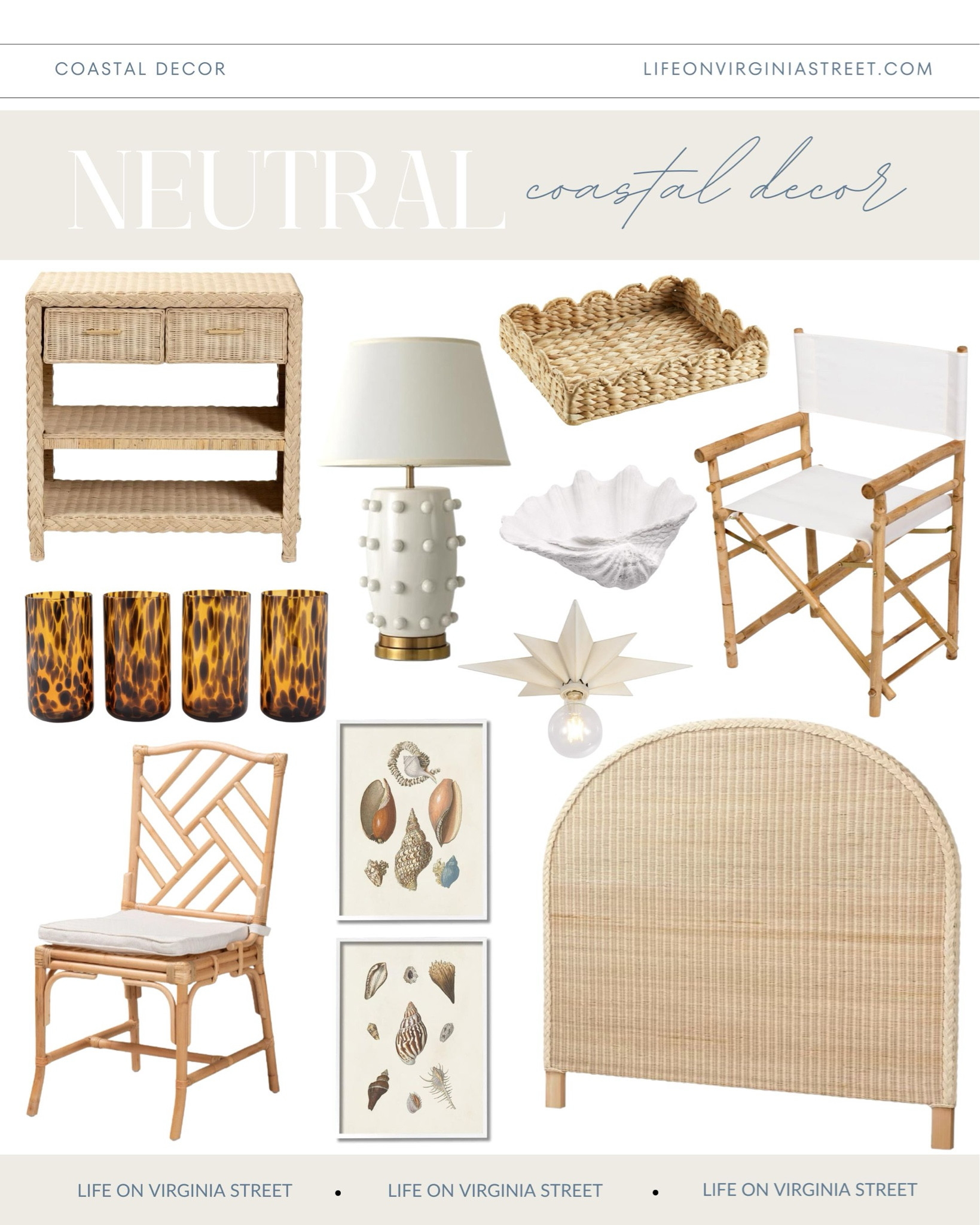 Some of my favorite neutral coastal decor including this braided rattan nightstand, bamboo folding directors chair, tortoise drinking glasses, seashell art, seashells, circle dot ceramic lamp, conch shell, braided rattan picture frame, scalloped serving tray, and bamboo headboard. See more here: https://lifeonvirginiastreet.com/neutral-coastal-decor/. #ltkhome #ltkseasonal #ltkfindsunder50 #ltkfindsunder100 #ltkstyletip #ltksalealert

#LTKSaleAlert #LTKSeasonal #LTKHome