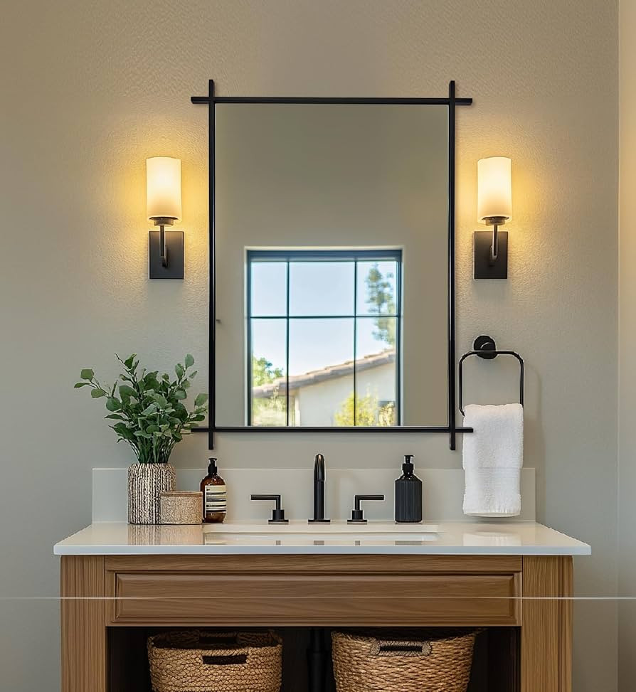 ANDY STAR Black Bathroom Vanity Mirror, 22x30 Inch Minimalist Rectangle Wall Mirror with Unique C... | Amazon (US)