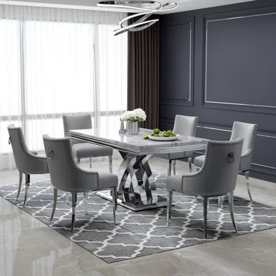 Luxury And Modern Silver Dining Table Set With Gray Velvet Dining Chairs | Wayfair North America