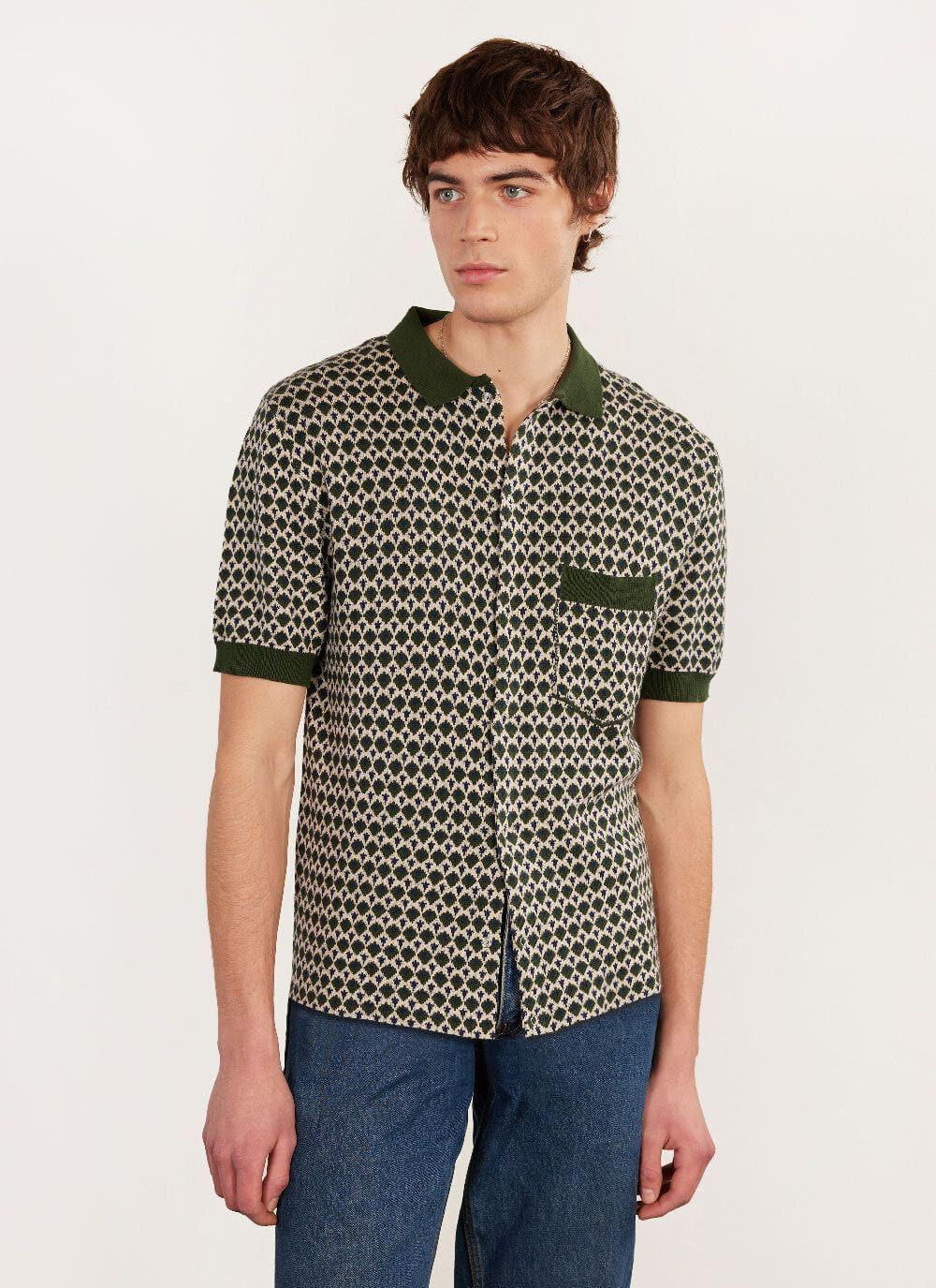 Casa Piccante Shirt | Knitted Cotton | Green Jacquard | Percival Menswear