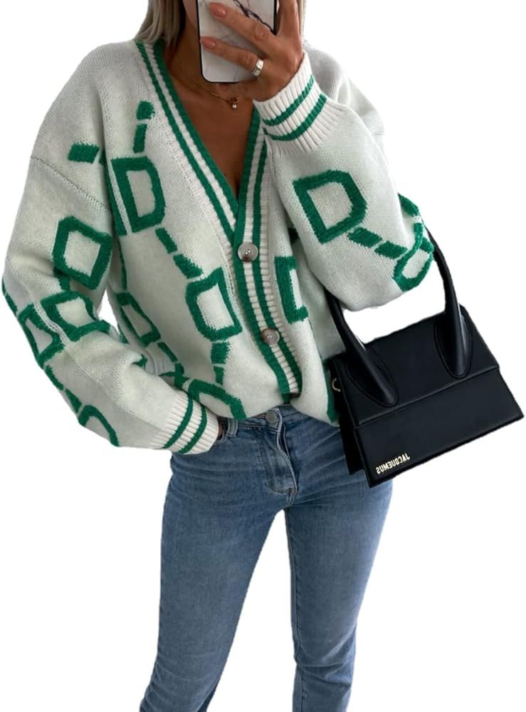 Women's Button V Neck Knit Long Sleeve Cardigan Sweater Casual Drop Shoulder Geometric Knit Loose... | Amazon (US)