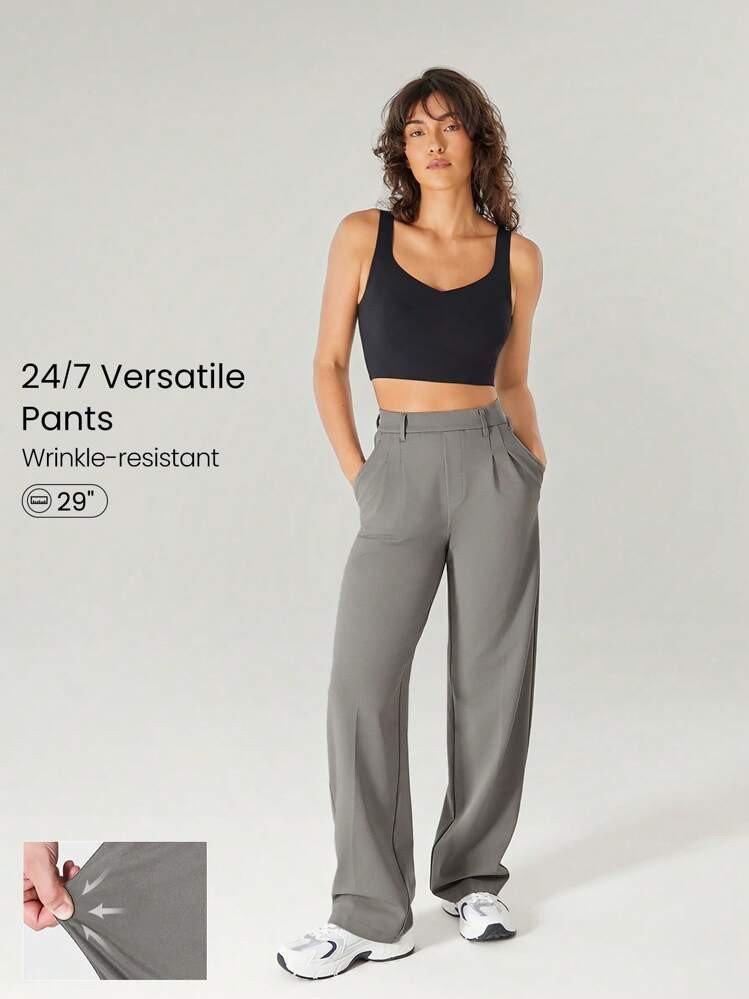 GLOWMODE 29" Versatile Wrinkle-Resistant Stretchy Easy Pull-On Tailored Wide Leg Work Pants With Side Pockets Daily Casual Office Fall Winter | SHEIN