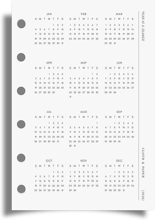 Cloth & Paper 2026 Year At A Glance Single Insert Dashboard for Pocket Size 6 Ring Planner - 3.2 ... | Amazon (US)