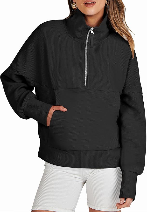 ANRABESS Women's Half Zip Sweatshirt Cropped Pullover Casual Fleece Ribbed Knit Top 2023 Fall Fas... | Amazon (US)