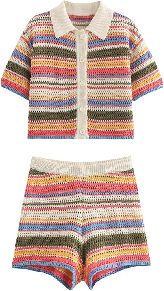 Chevara Women’s Crochet Short Sets Stripe Button Down Cardigan with Shorts 2 Piece Knit Outfits | Amazon (US)