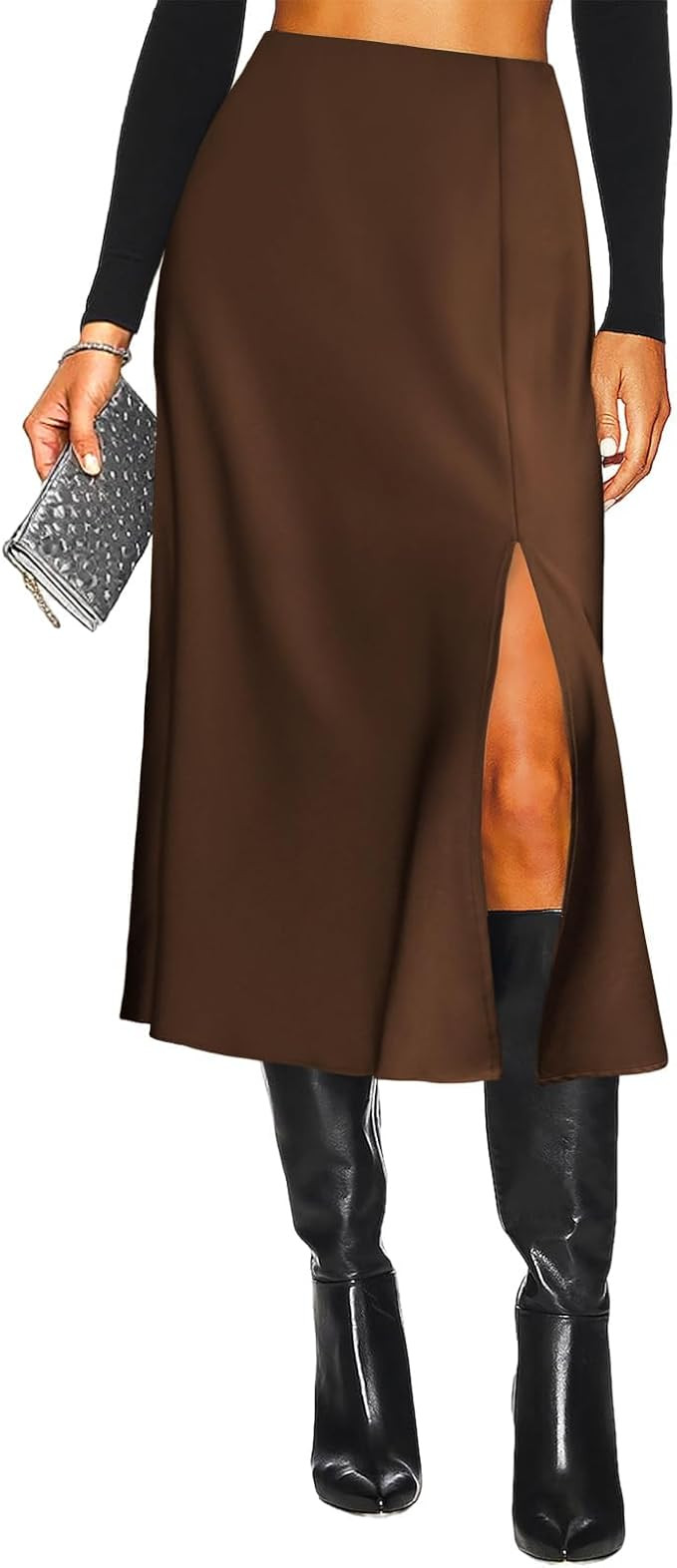 Women's Side Slit A Line Satin Midi Skirt Elastic High Waisted Cheetah Leopard Print Silk Long Sk... | Amazon (US)