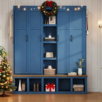 62.9"W Farmhouse 4-In-1 Hall Tree With 6 Hanging Hooks & 4 Wardrobes,Mudroom Wood Grain Bench With Open Compartments | Wayfair North America