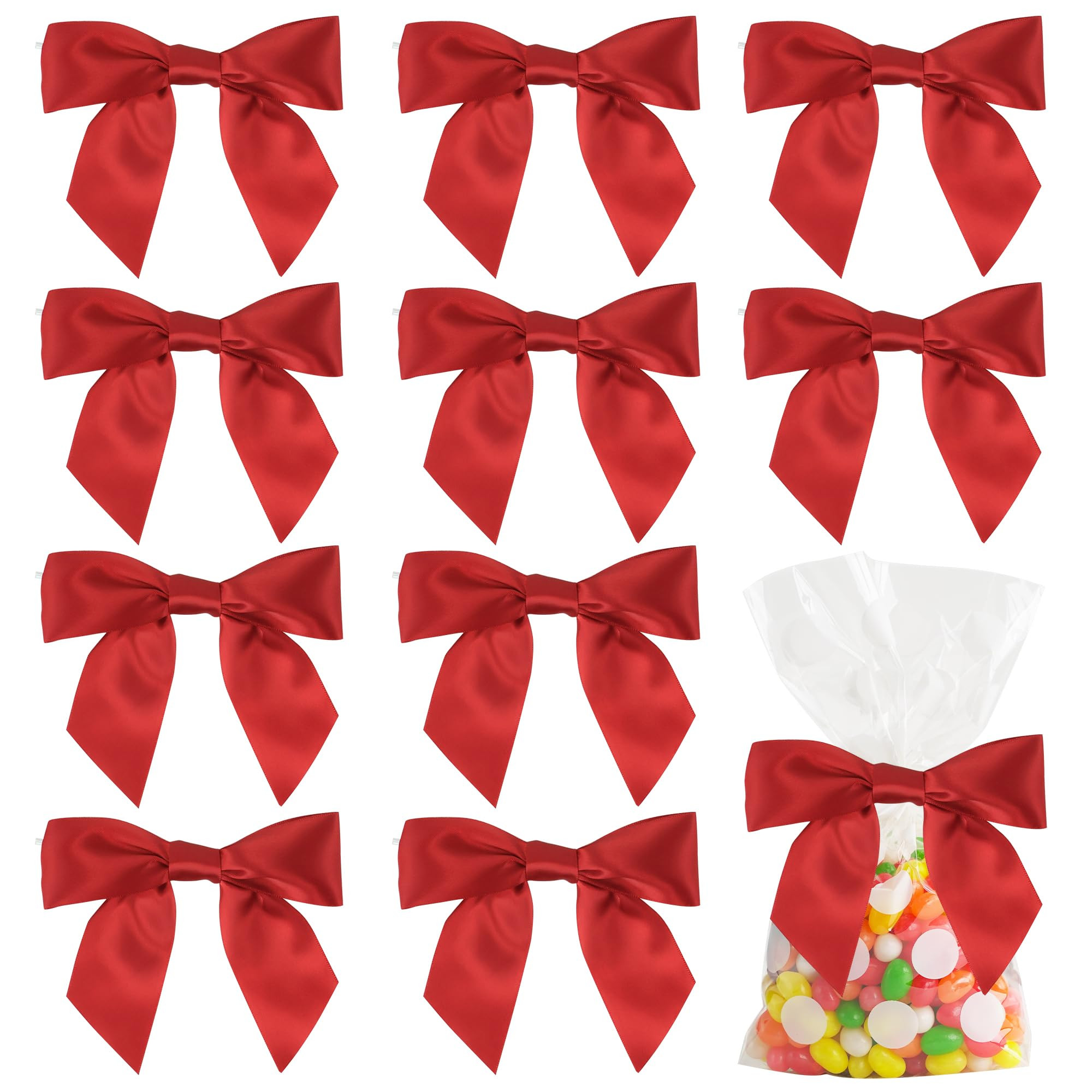AIMUDI Satin Ribbon Twist Tie Bows for Treat Bags 4.5" Pre-Tied Red Bows for Christmas Tree, Craf... | Amazon (US)