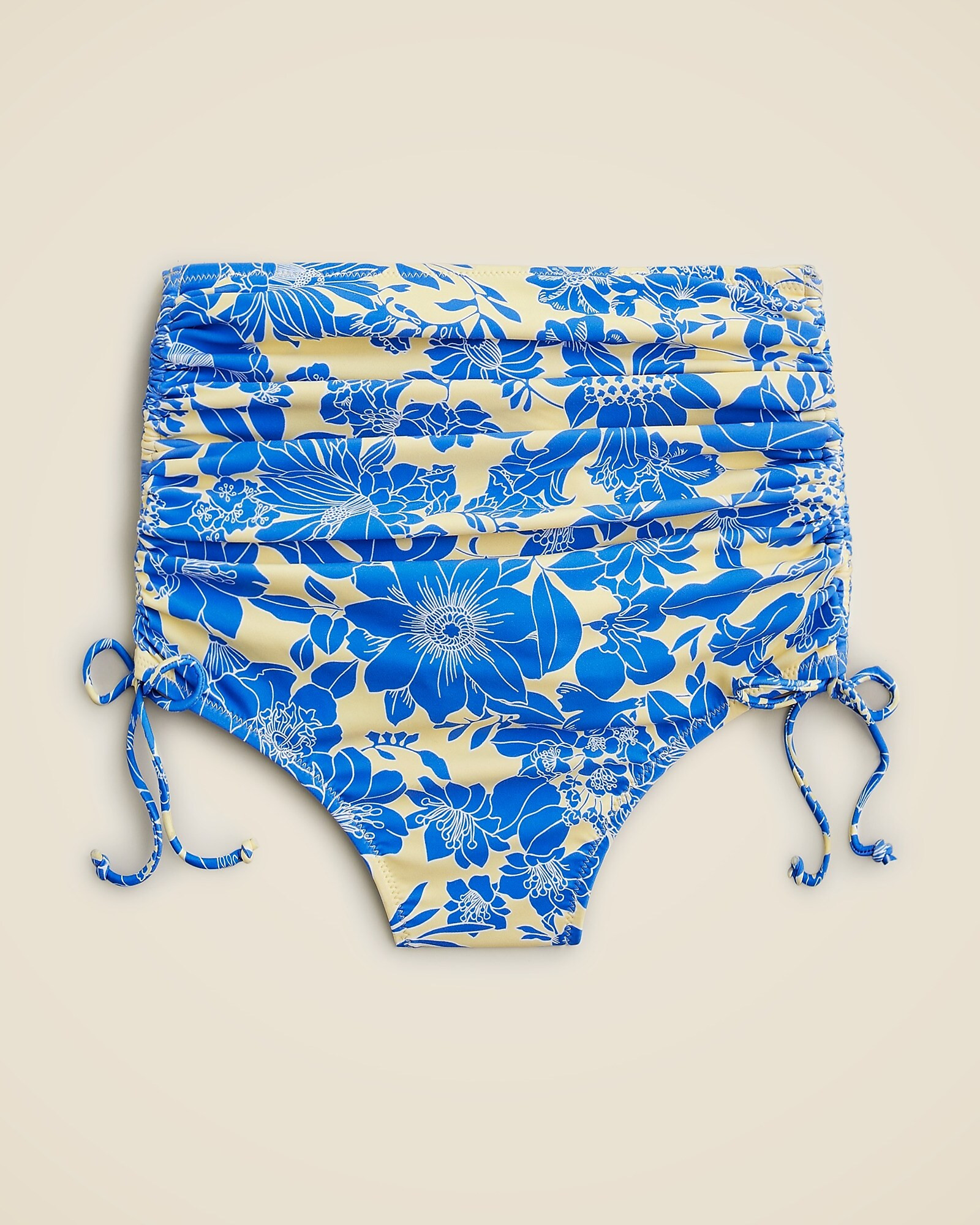 Ruched high-rise bikini bottom with side ties in blue floral | J. Crew US