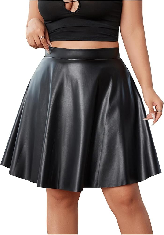 MakeMeChic Women's Plus Size Pleated Leather Mini Skirt High Waist A Line Skater PU Leather Short... | Amazon (US)