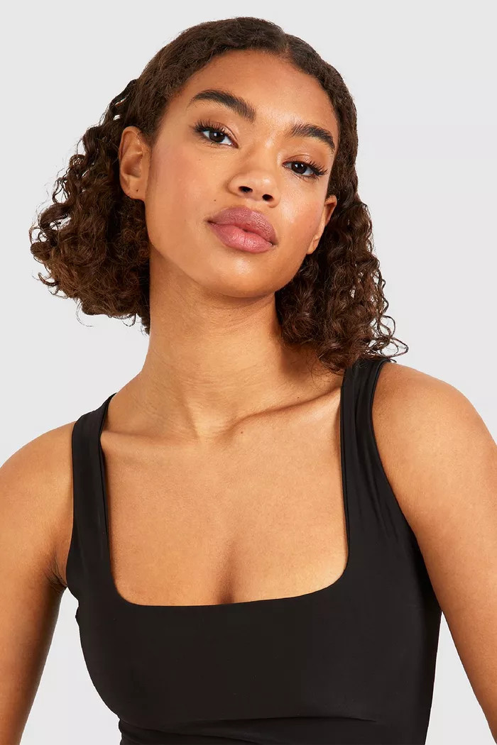 Black Tall Square Neck Double Layer Bodysuit | Boohoo.com (UK & IE)