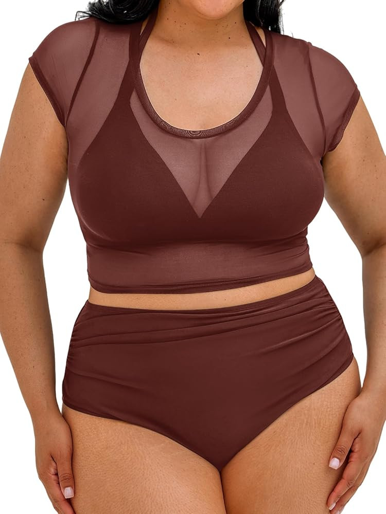 CUPSHE Women Swimsuit Plus Size Bikini Set Three Piece High Waisted Sheer Mesh Top Halter Ruched ... | Amazon (US)