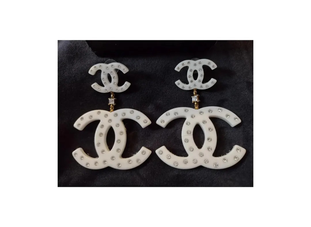 CHANEL Vintage Pearl White Crystal CC Chandelier Earrings in Original Box - Etsy | Etsy (US)