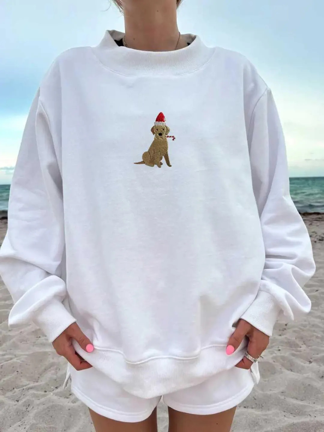 White Christmas Dog Santa Hat Embroidered Mockneck Sweatshirt 100% Cotton - Etsy | Etsy (US)