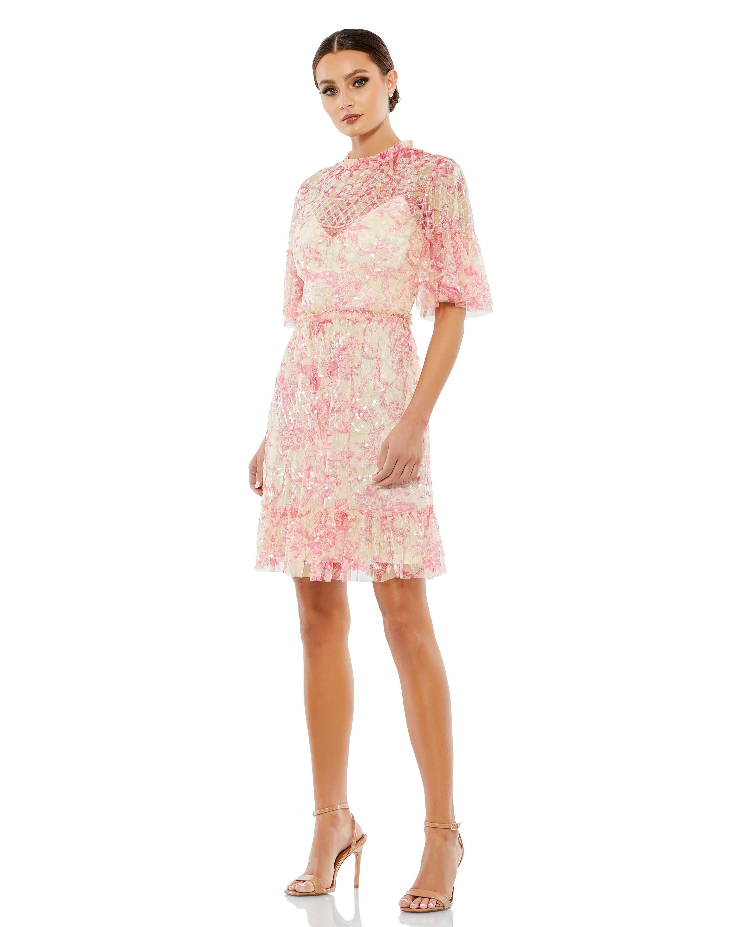 Flounce Sleeve Floral Embellished Dress | Mac Duggal